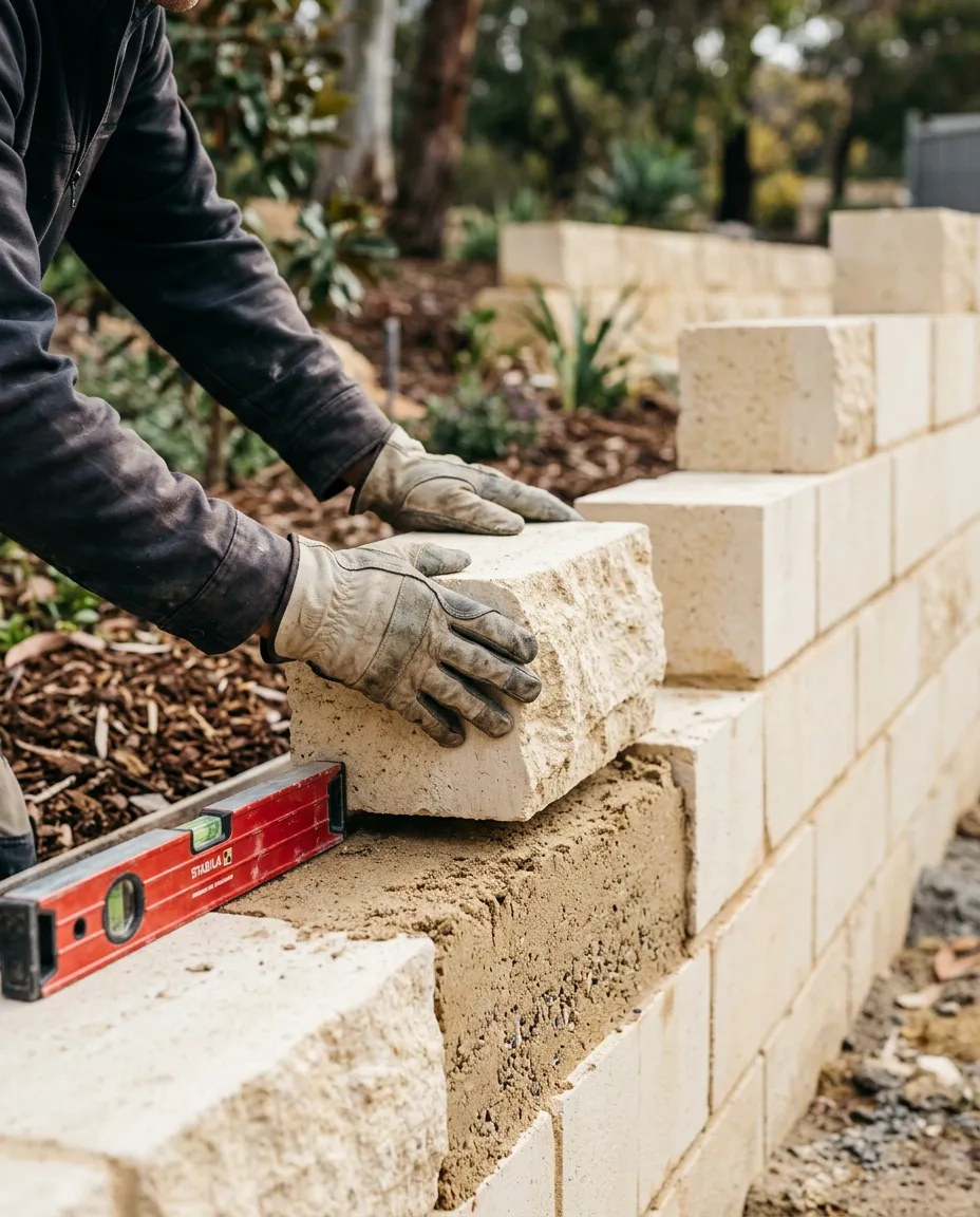Reconstituted limestone retaining wall block being set level on a compacted footing