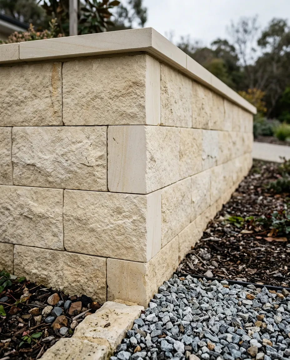 Close detail of limestone retaining wall joints and capping